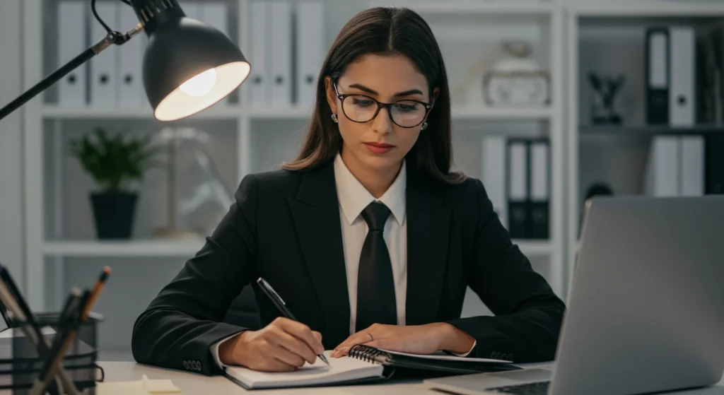 Pessoa focada usando caderno financeiro simbolizando organização e sucesso