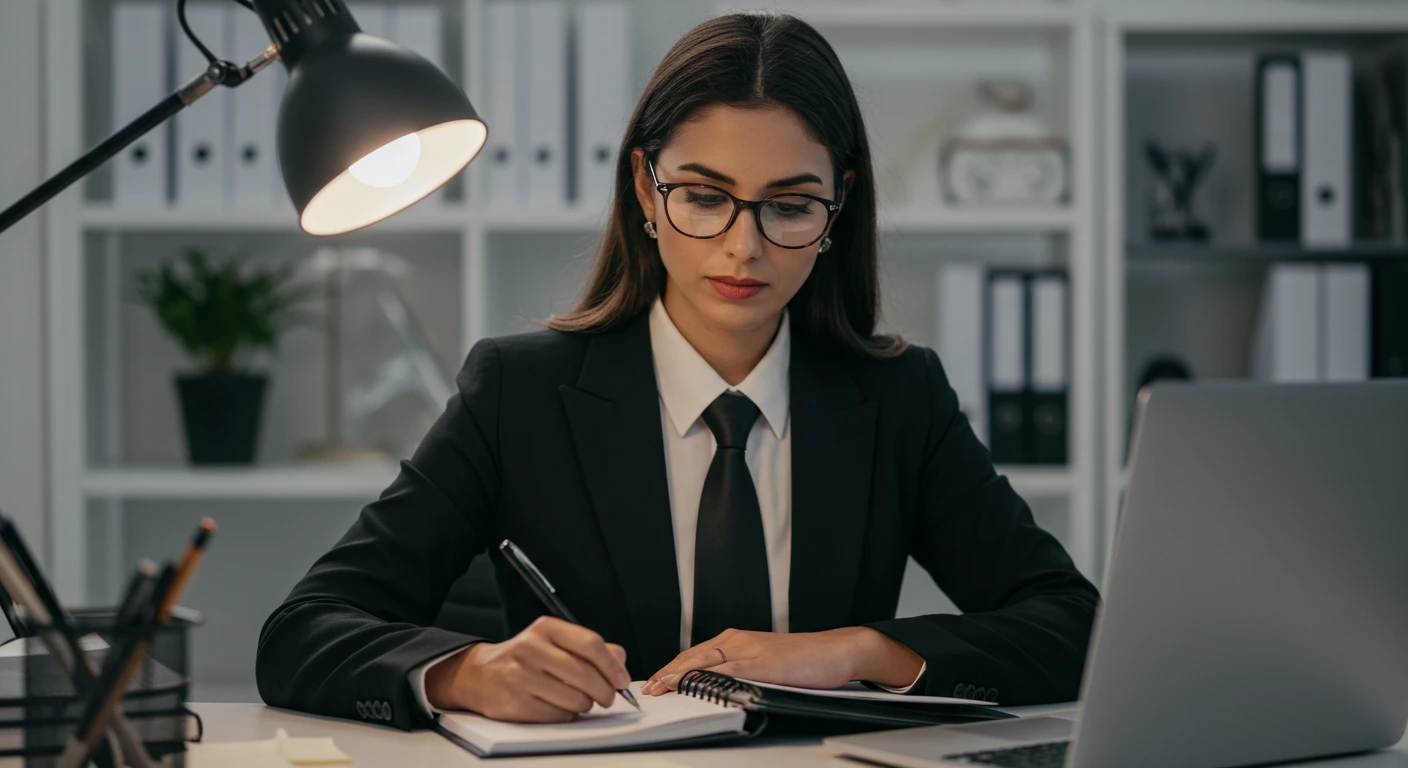 Pessoa focada usando caderno financeiro simbolizando organização e sucesso